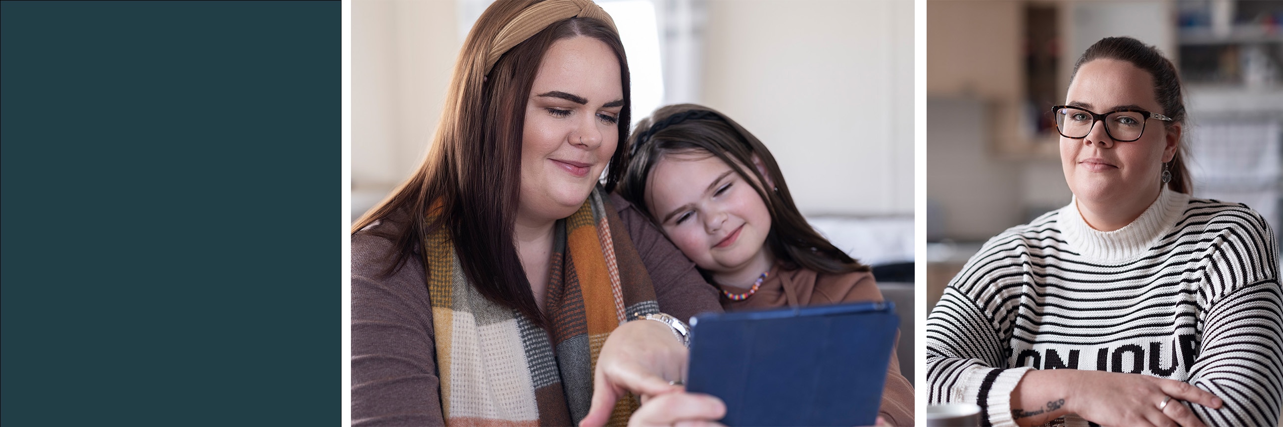 Sarah met MS, een gebruiker van katheters, zit aan een tafel.